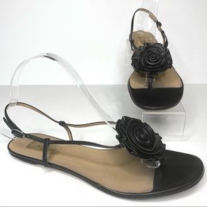 Valentino Garavani Rose Black Leather Flat Sandals
